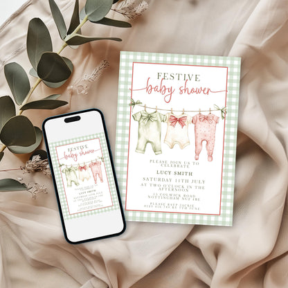 Festive Baby Shower Invitation, Editable Green Gingham Baby Shower Invite, Printable Baby Clothesline Invite, Instant Digital Download Corjl