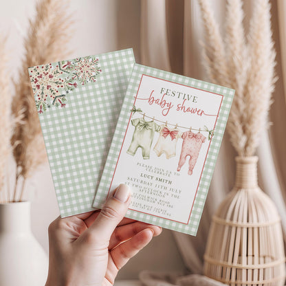 Festive Baby Shower Invitation, Editable Green Gingham Baby Shower Invite, Printable Baby Clothesline Invite, Instant Digital Download Corjl