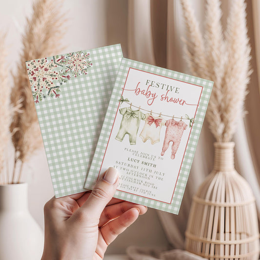 Festive Baby Shower Invitation, Editable Green Gingham Baby Shower Invite, Printable Baby Clothesline Invite, Instant Digital Download Corjl