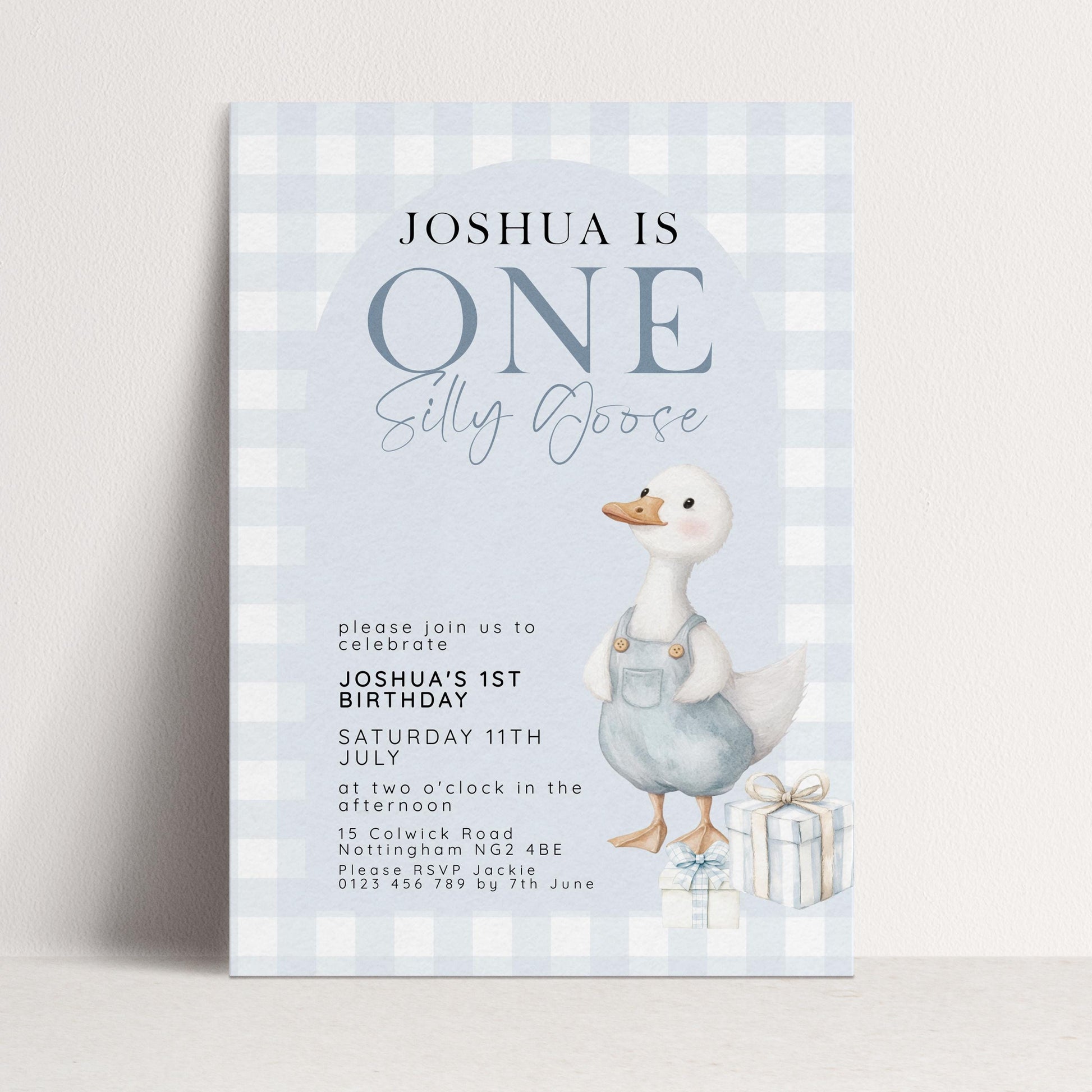 Silly Goose Birthday Invitation Boy Blue Gingham, Editable Corjl Template, One Silly Goose 1st Birthday Invite, Digital Download SG21