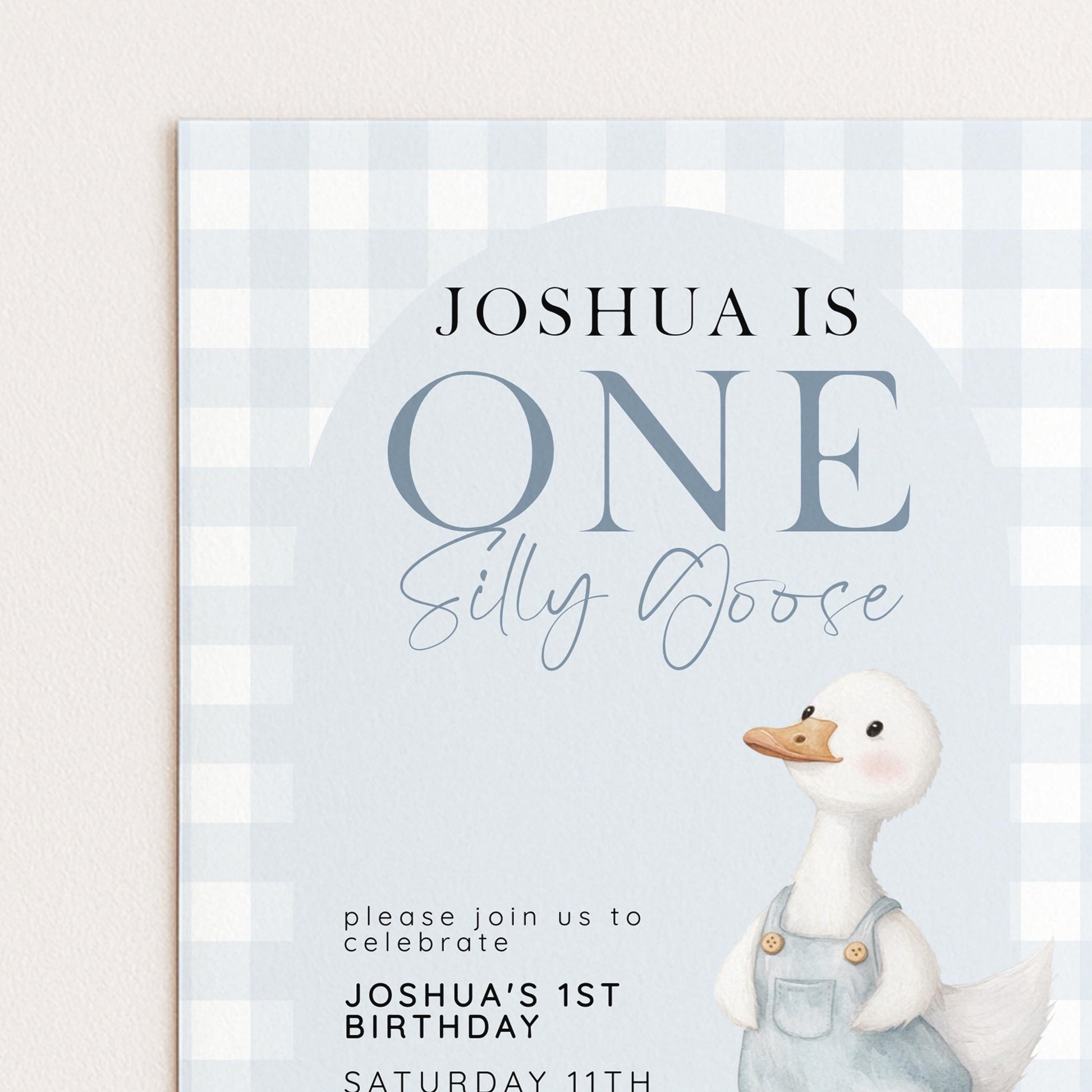 Silly Goose Birthday Invitation Boy Blue Gingham, Editable Corjl Template, One Silly Goose 1st Birthday Invite, Digital Download SG21
