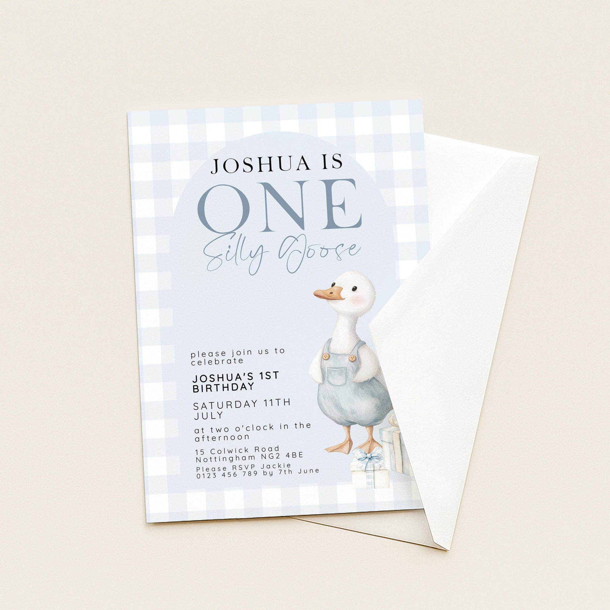 Silly Goose Birthday Invitation Boy Blue Gingham, Editable Corjl Template, One Silly Goose 1st Birthday Invite, Digital Download SG21