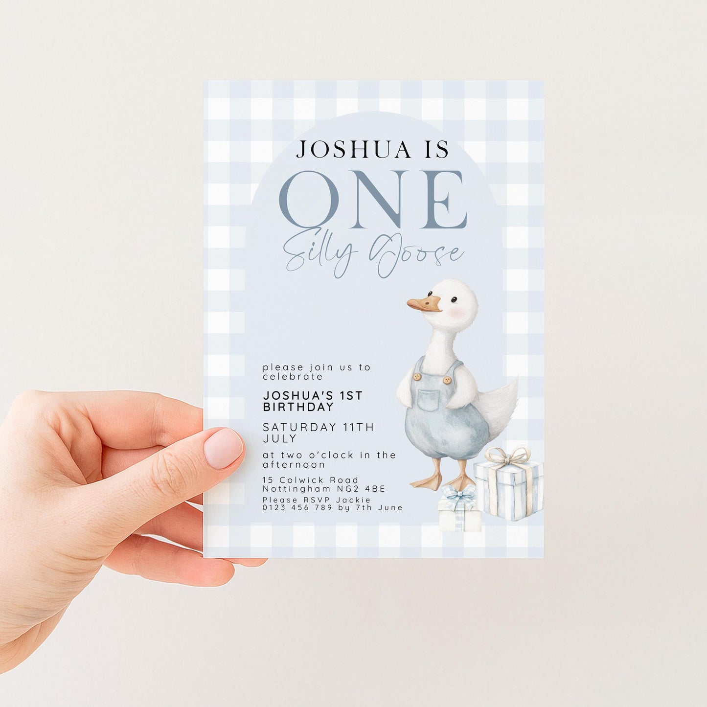 Silly Goose Birthday Invitation Boy Blue Gingham, Editable Corjl Template, One Silly Goose 1st Birthday Invite, Digital Download SG21