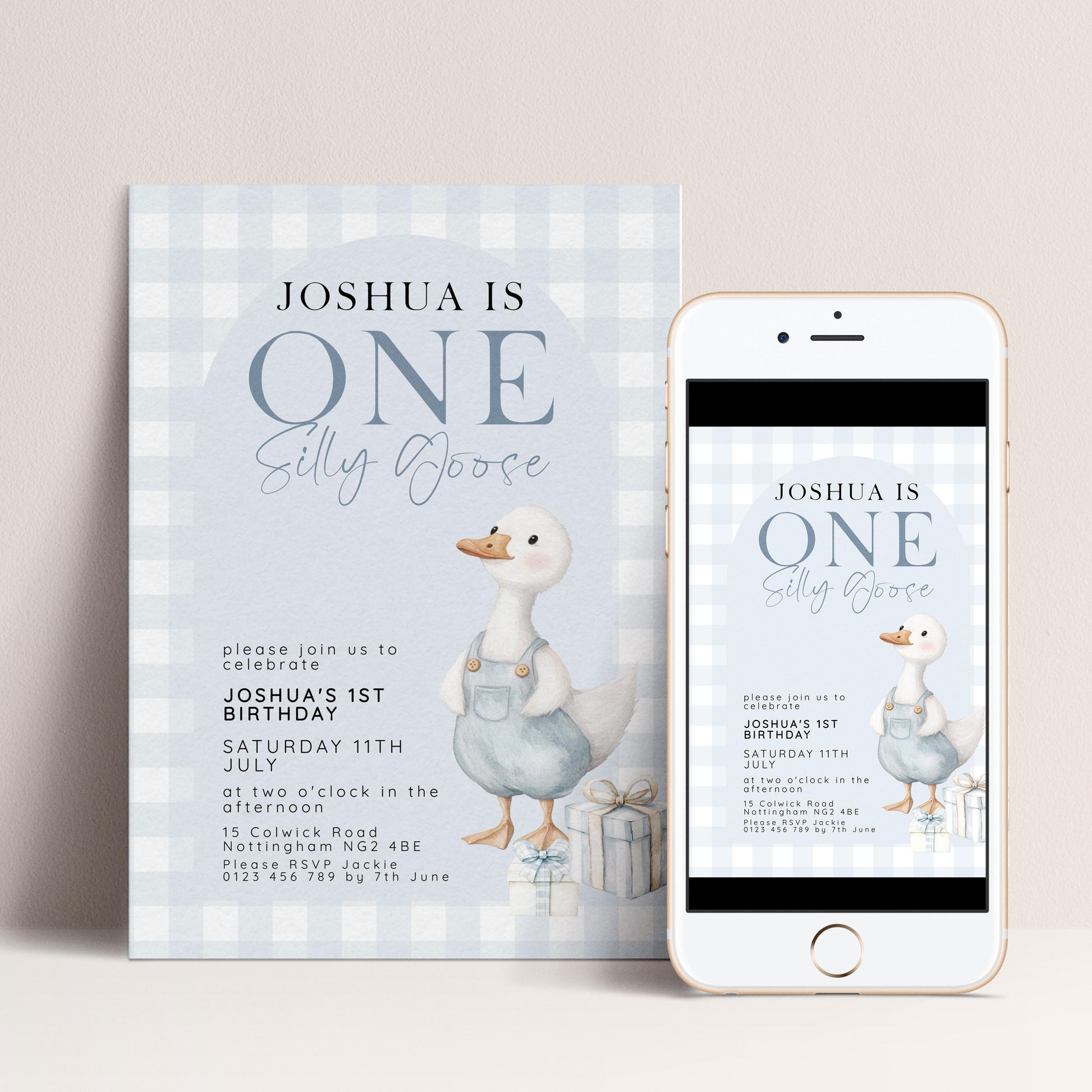 Silly Goose Birthday Invitation Boy Blue Gingham, Editable Corjl Template, One Silly Goose 1st Birthday Invite, Digital Download SG21