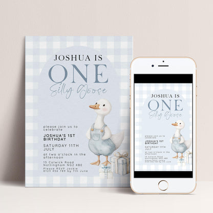 Silly Goose Birthday Invitation Boy Blue Gingham, Editable Corjl Template, One Silly Goose 1st Birthday Invite, Digital Download SG21