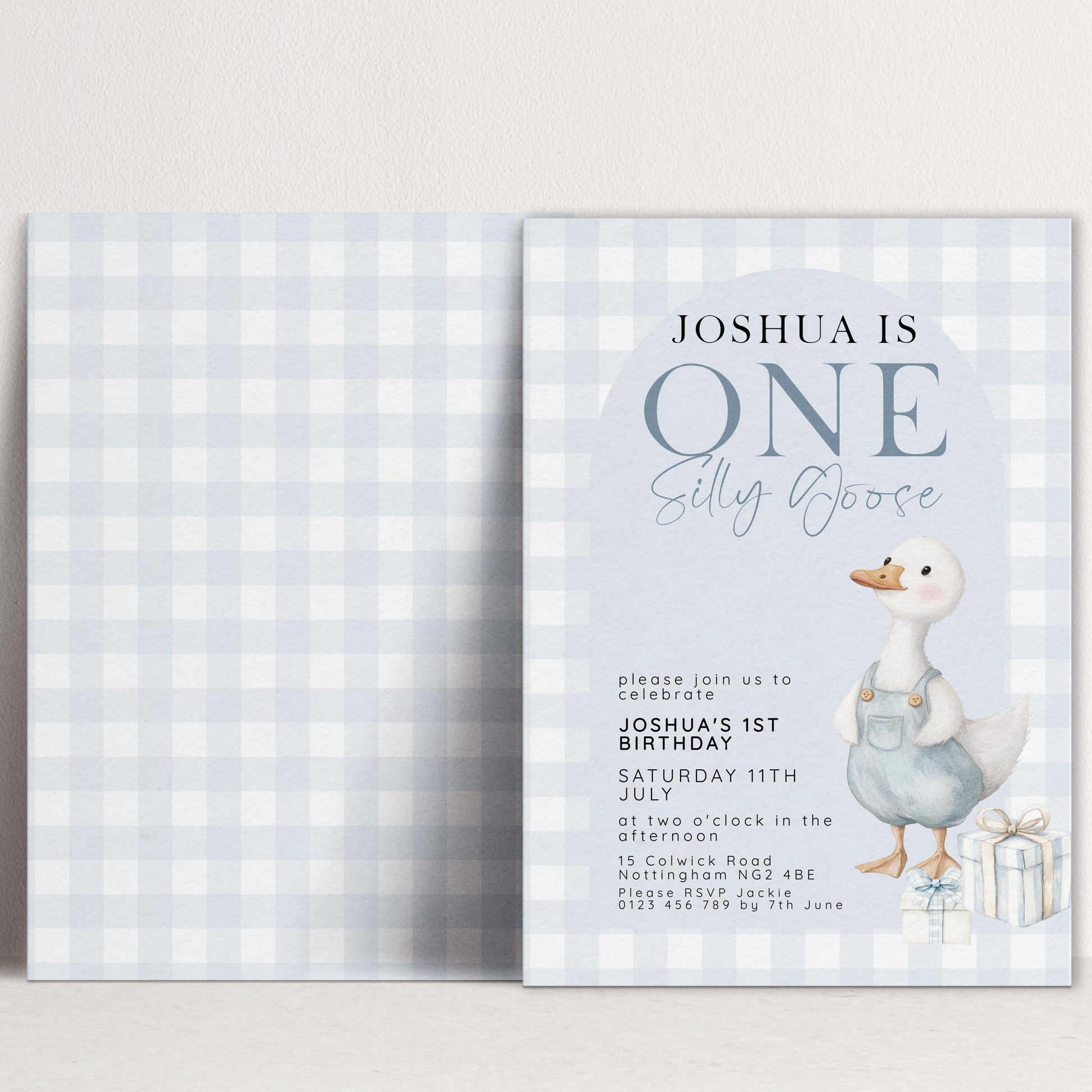 Silly Goose Birthday Invitation Boy Blue Gingham, Editable Corjl Template, One Silly Goose 1st Birthday Invite, Digital Download SG21