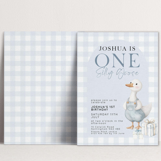 Silly Goose Birthday Invitation Boy Blue Gingham, Editable Corjl Template, One Silly Goose 1st Birthday Invite, Digital Download SG21