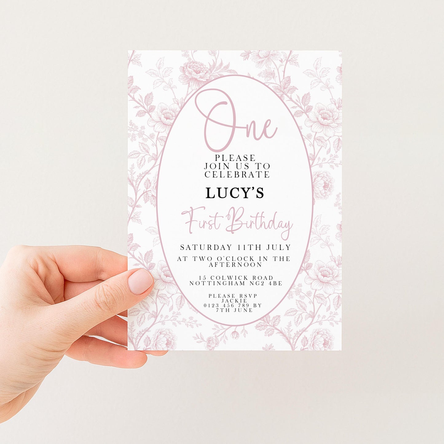 First Birthday Invitation Girl, Pink Toile Editable 1st Birthday Party Invite, Floral Corjl Template, Baby Girl Birthday Printable PT20