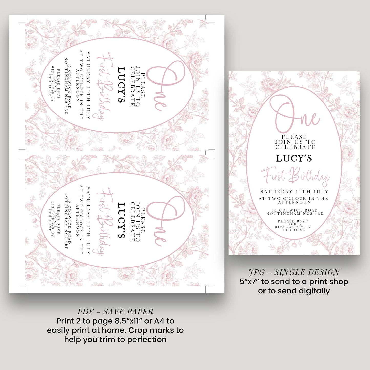 First Birthday Invitation Girl, Pink Toile Editable 1st Birthday Party Invite, Floral Corjl Template, Baby Girl Birthday Printable PT20