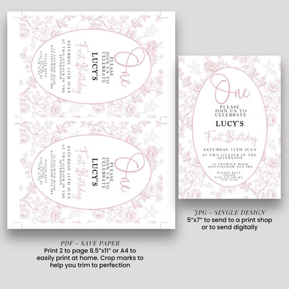 First Birthday Invitation Girl, Pink Toile Editable 1st Birthday Party Invite, Floral Corjl Template, Baby Girl Birthday Printable PT20