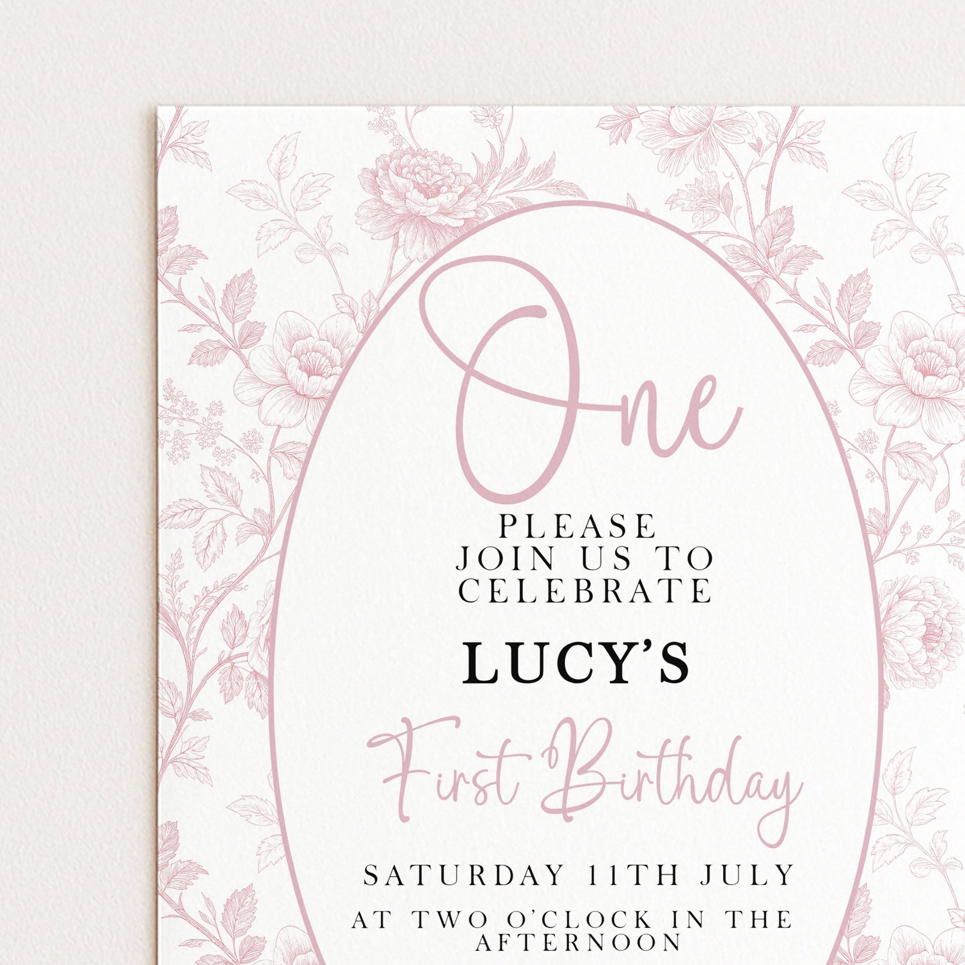 First Birthday Invitation Girl, Pink Toile Editable 1st Birthday Party Invite, Floral Corjl Template, Baby Girl Birthday Printable PT20