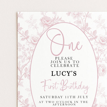 First Birthday Invitation Girl, Pink Toile Editable 1st Birthday Party Invite, Floral Corjl Template, Baby Girl Birthday Printable PT20
