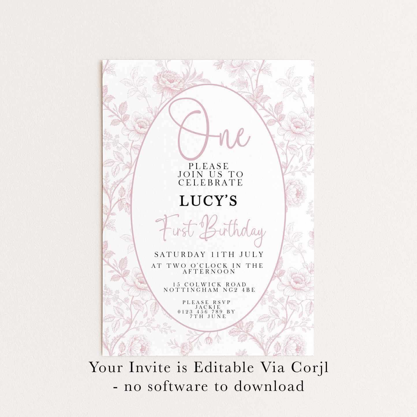 First Birthday Invitation Girl, Pink Toile Editable 1st Birthday Party Invite, Floral Corjl Template, Baby Girl Birthday Printable PT20