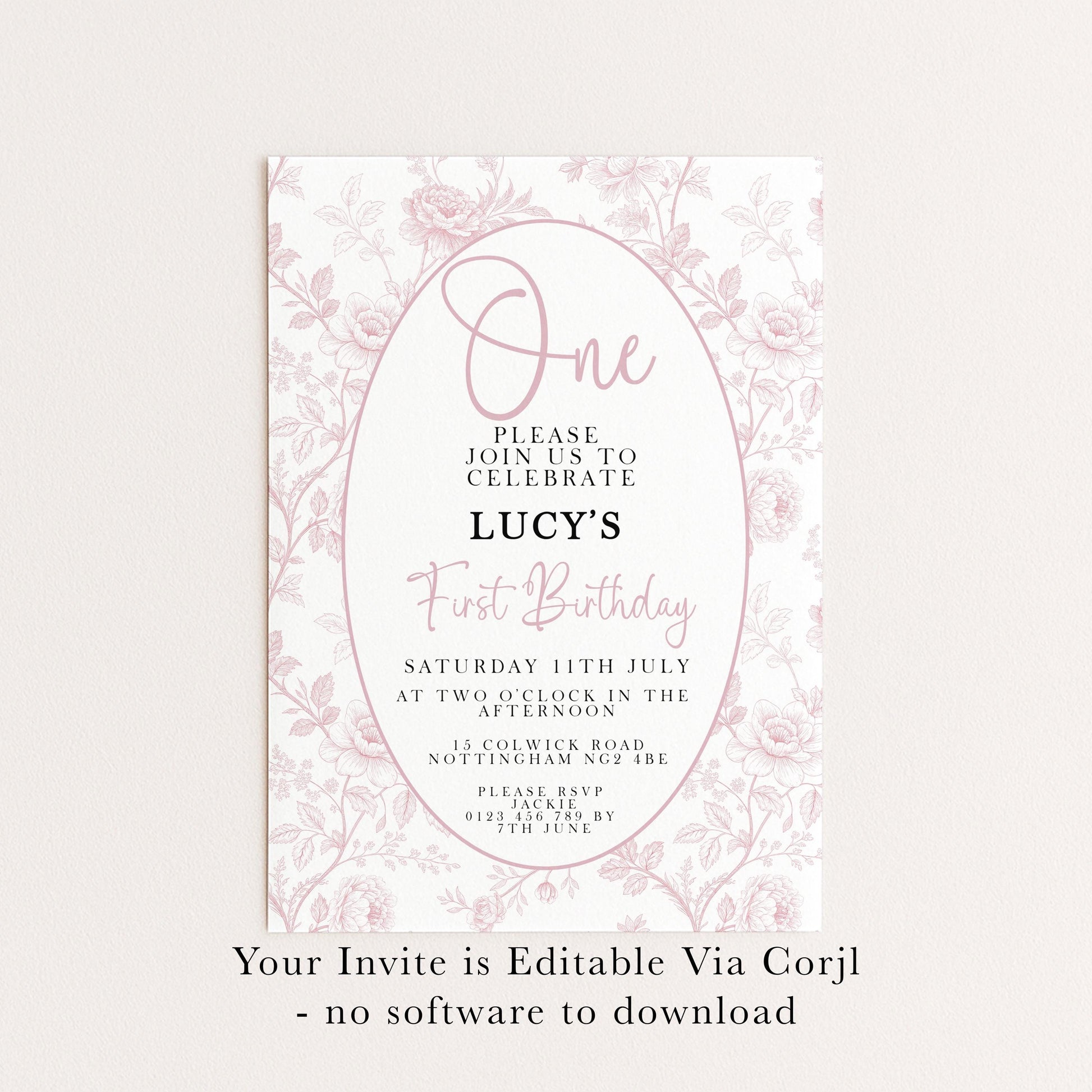 First Birthday Invitation Girl, Pink Toile Editable 1st Birthday Party Invite, Floral Corjl Template, Baby Girl Birthday Printable PT20
