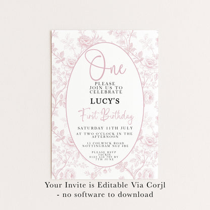 First Birthday Invitation Girl, Pink Toile Editable 1st Birthday Party Invite, Floral Corjl Template, Baby Girl Birthday Printable PT20