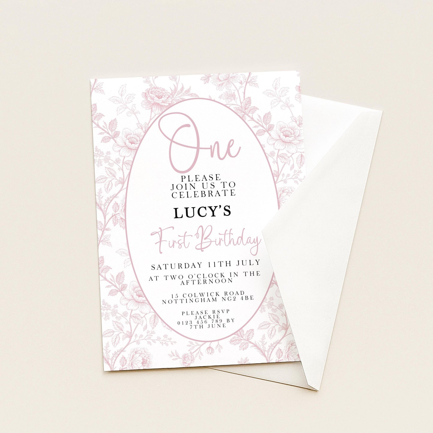 First Birthday Invitation Girl, Pink Toile Editable 1st Birthday Party Invite, Floral Corjl Template, Baby Girl Birthday Printable PT20