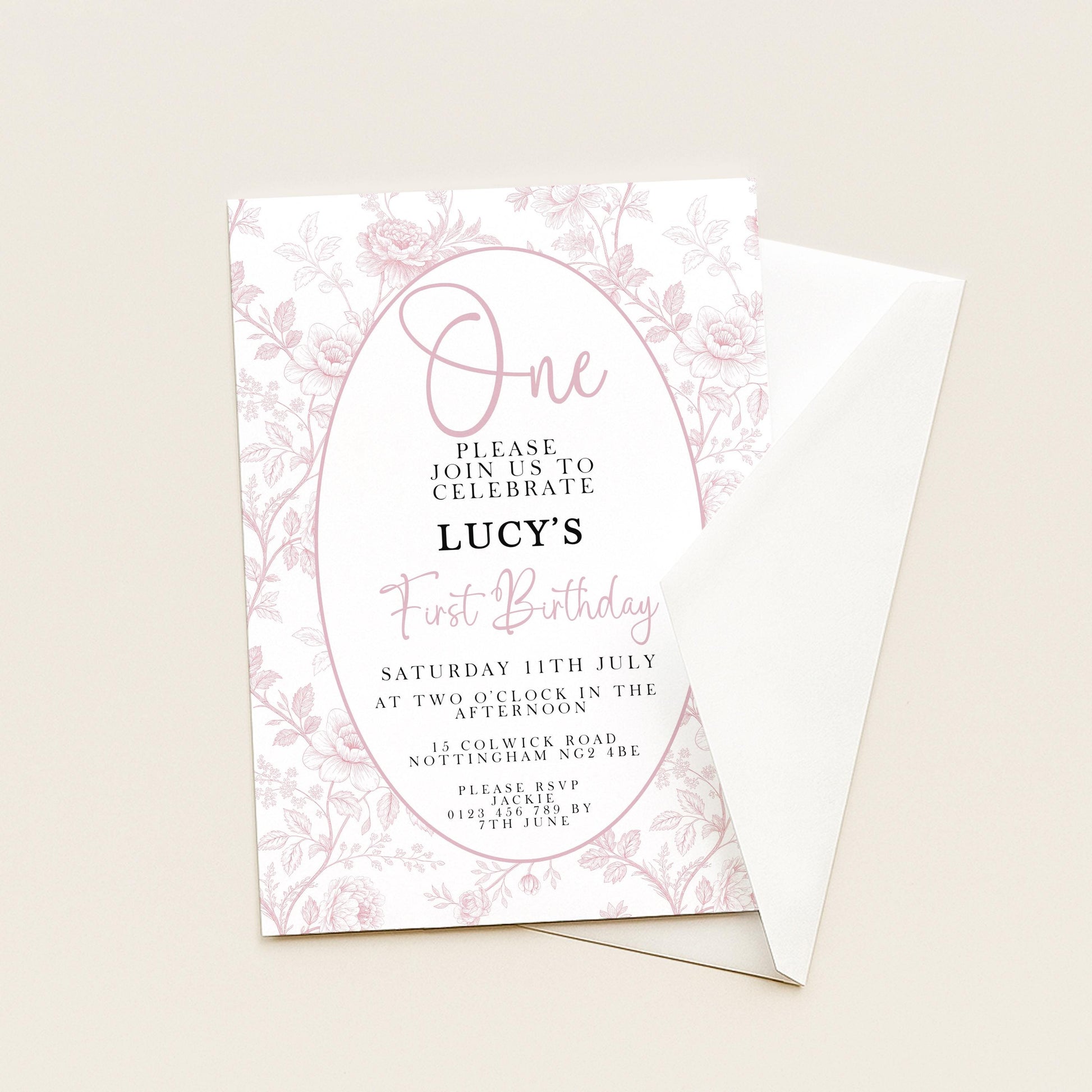 First Birthday Invitation Girl, Pink Toile Editable 1st Birthday Party Invite, Floral Corjl Template, Baby Girl Birthday Printable PT20