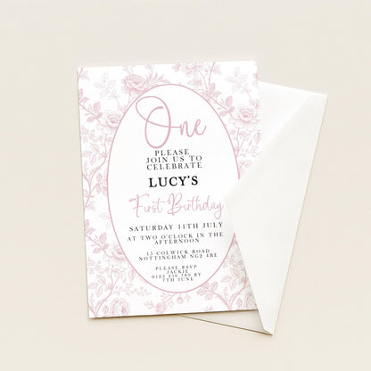 First Birthday Invitation Girl, Pink Toile Editable 1st Birthday Party Invite, Floral Corjl Template, Baby Girl Birthday Printable PT20
