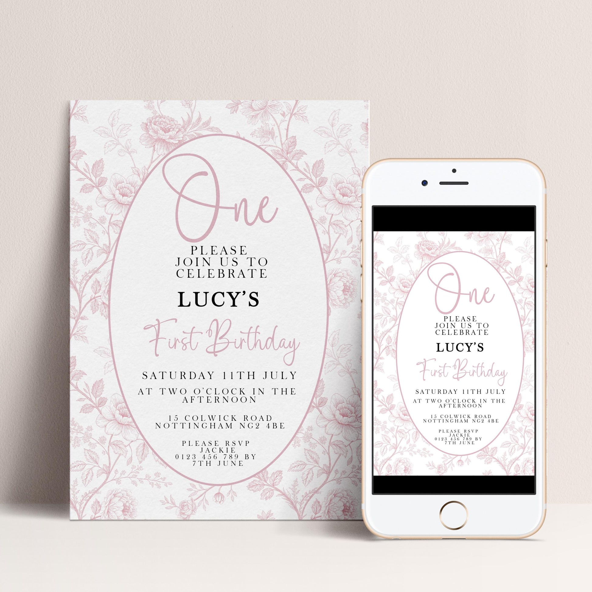 First Birthday Invitation Girl, Pink Toile Editable 1st Birthday Party Invite, Floral Corjl Template, Baby Girl Birthday Printable PT20