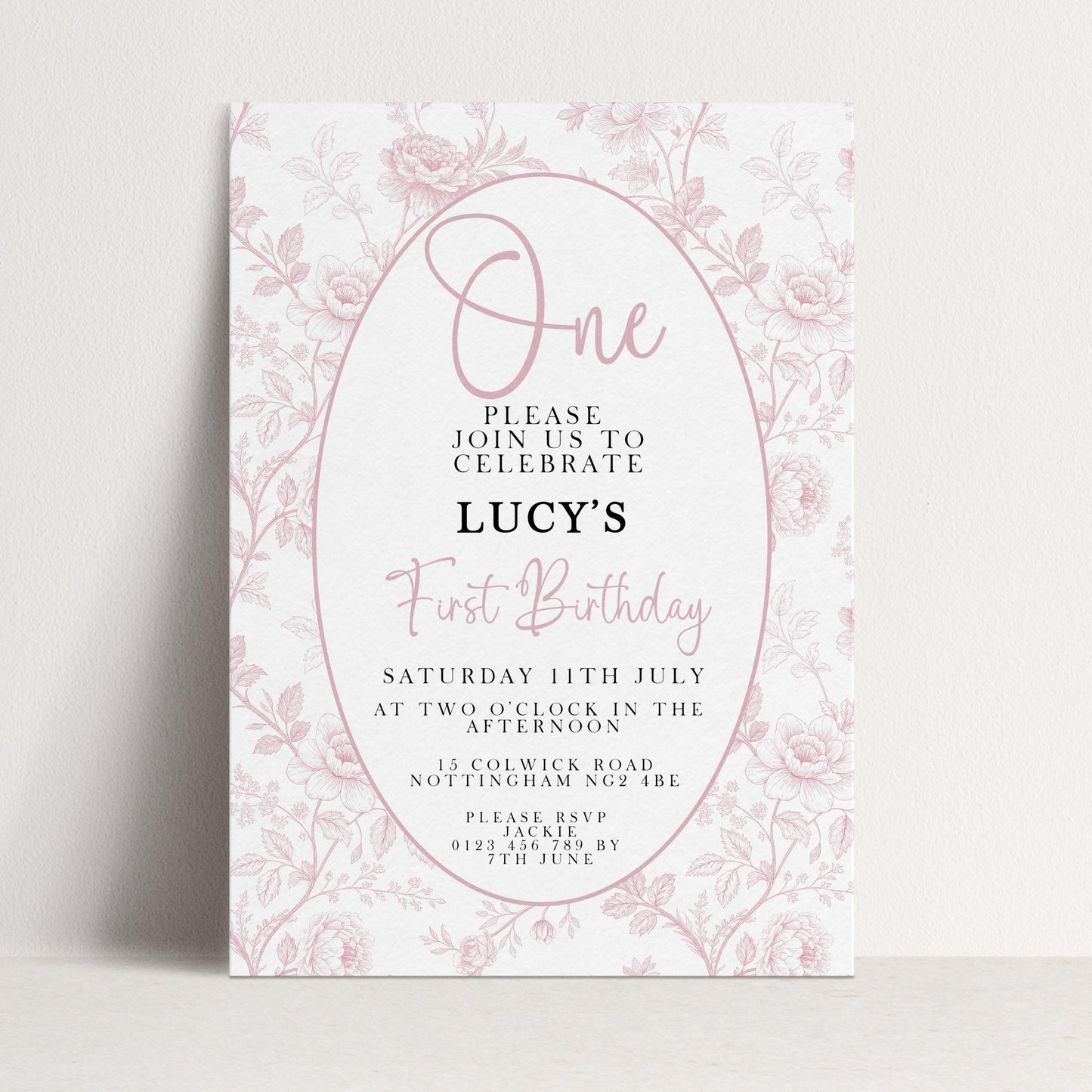First Birthday Invitation Girl, Pink Toile Editable 1st Birthday Party Invite, Floral Corjl Template, Baby Girl Birthday Printable PT20
