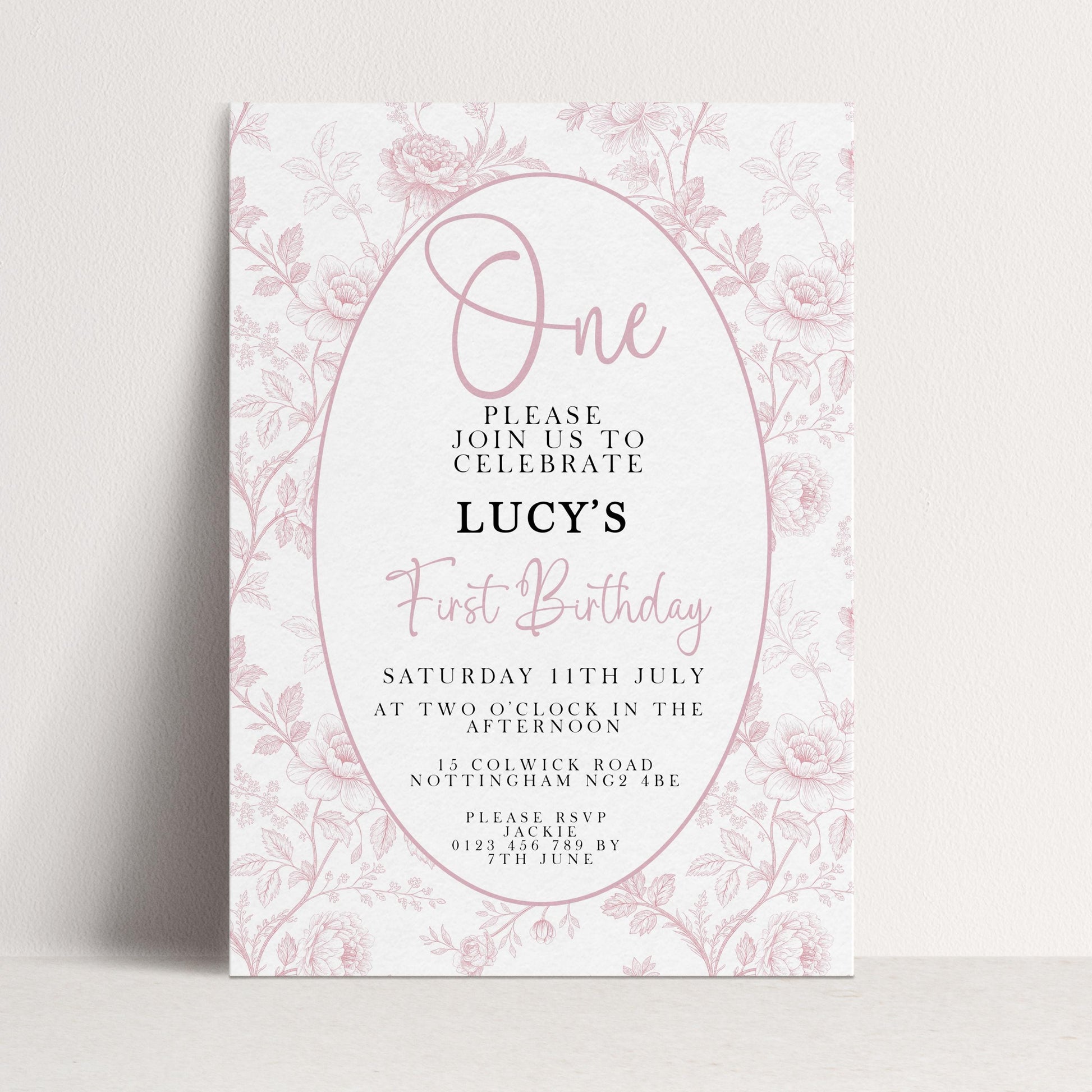 First Birthday Invitation Girl, Pink Toile Editable 1st Birthday Party Invite, Floral Corjl Template, Baby Girl Birthday Printable PT20