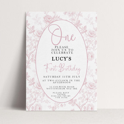 First Birthday Invitation Girl, Pink Toile Editable 1st Birthday Party Invite, Floral Corjl Template, Baby Girl Birthday Printable PT20