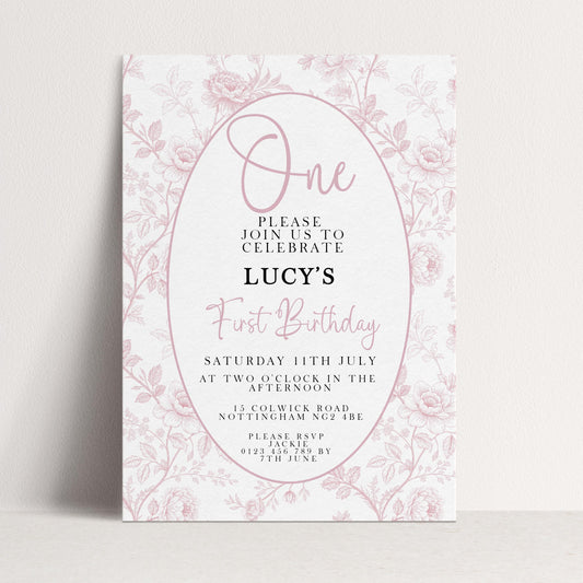 First Birthday Invitation Girl, Pink Toile Editable 1st Birthday Party Invite, Floral Corjl Template, Baby Girl Birthday Printable PT20