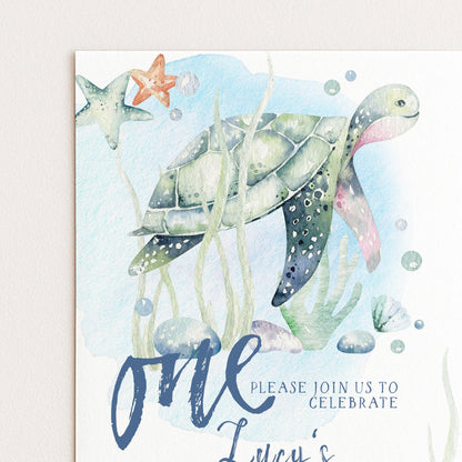 First Birthday Invitation Turtle Sea Life Invite Printable Instant Download Editable digital File Invitation Corjl Template