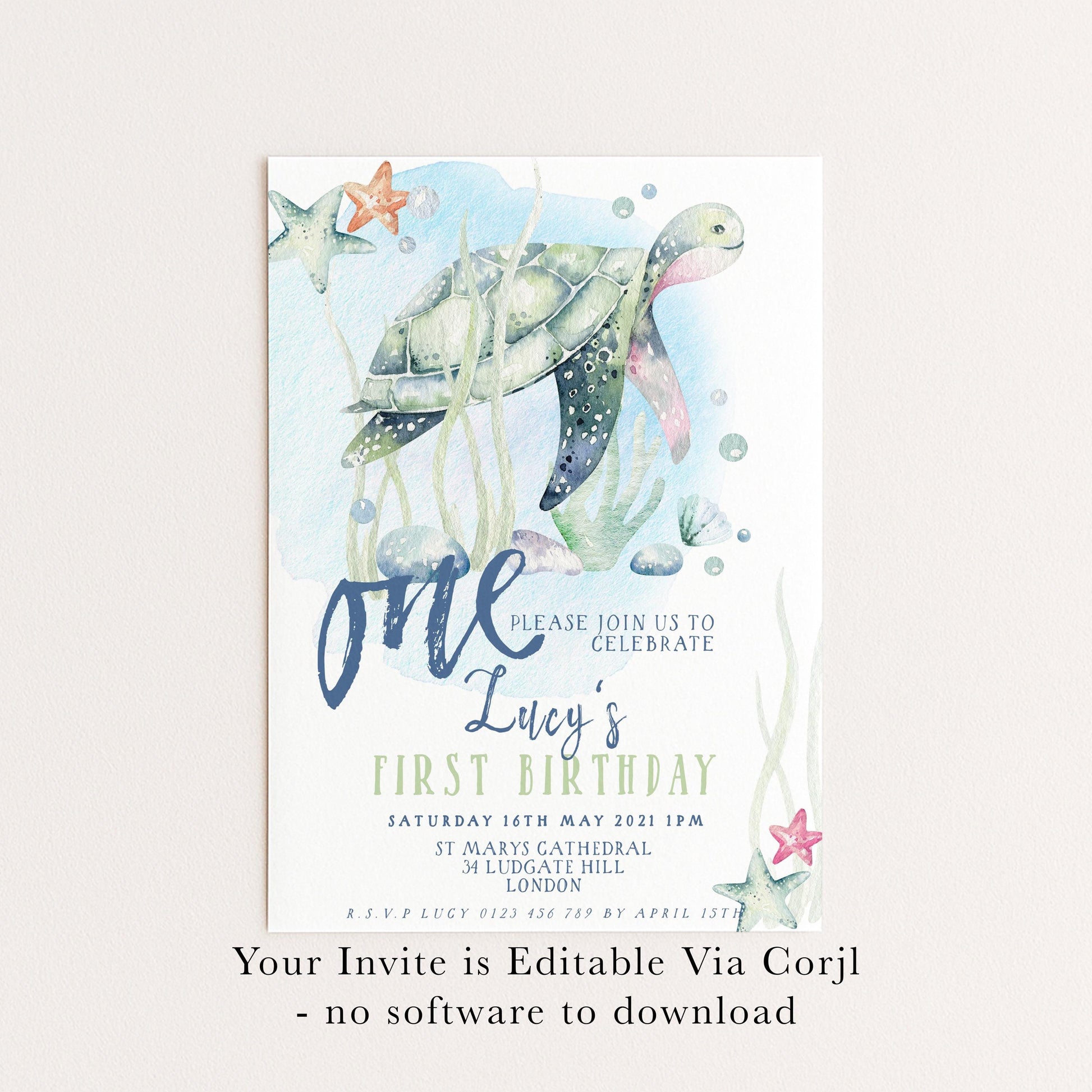 First Birthday Invitation Turtle Sea Life Invite Printable Instant Download Editable digital File Invitation Corjl Template