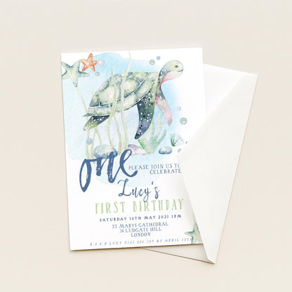 First Birthday Invitation Turtle Sea Life Invite Printable Instant Download Editable digital File Invitation Corjl Template