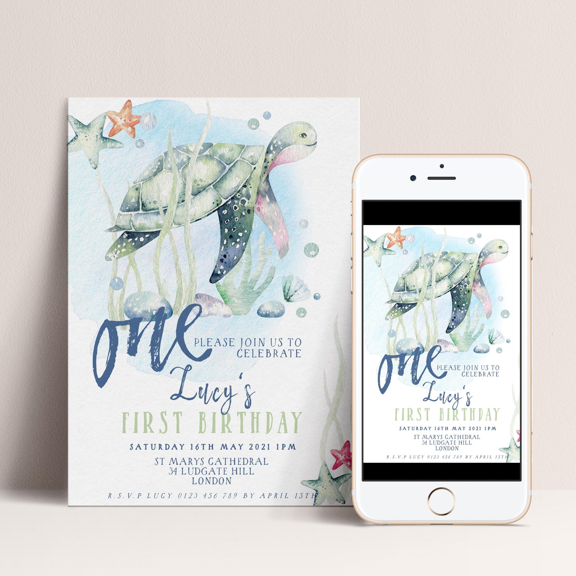 First Birthday Invitation Turtle Sea Life Invite Printable Instant Download Editable digital File Invitation Corjl Template