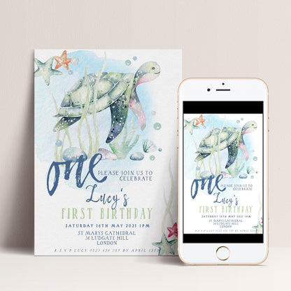First Birthday Invitation Turtle Sea Life Invite Printable Instant Download Editable digital File Invitation Corjl Template