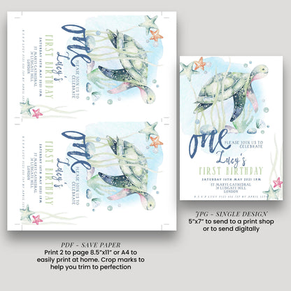 First Birthday Invitation Turtle Sea Life Invite Printable Instant Download Editable digital File Invitation Corjl Template