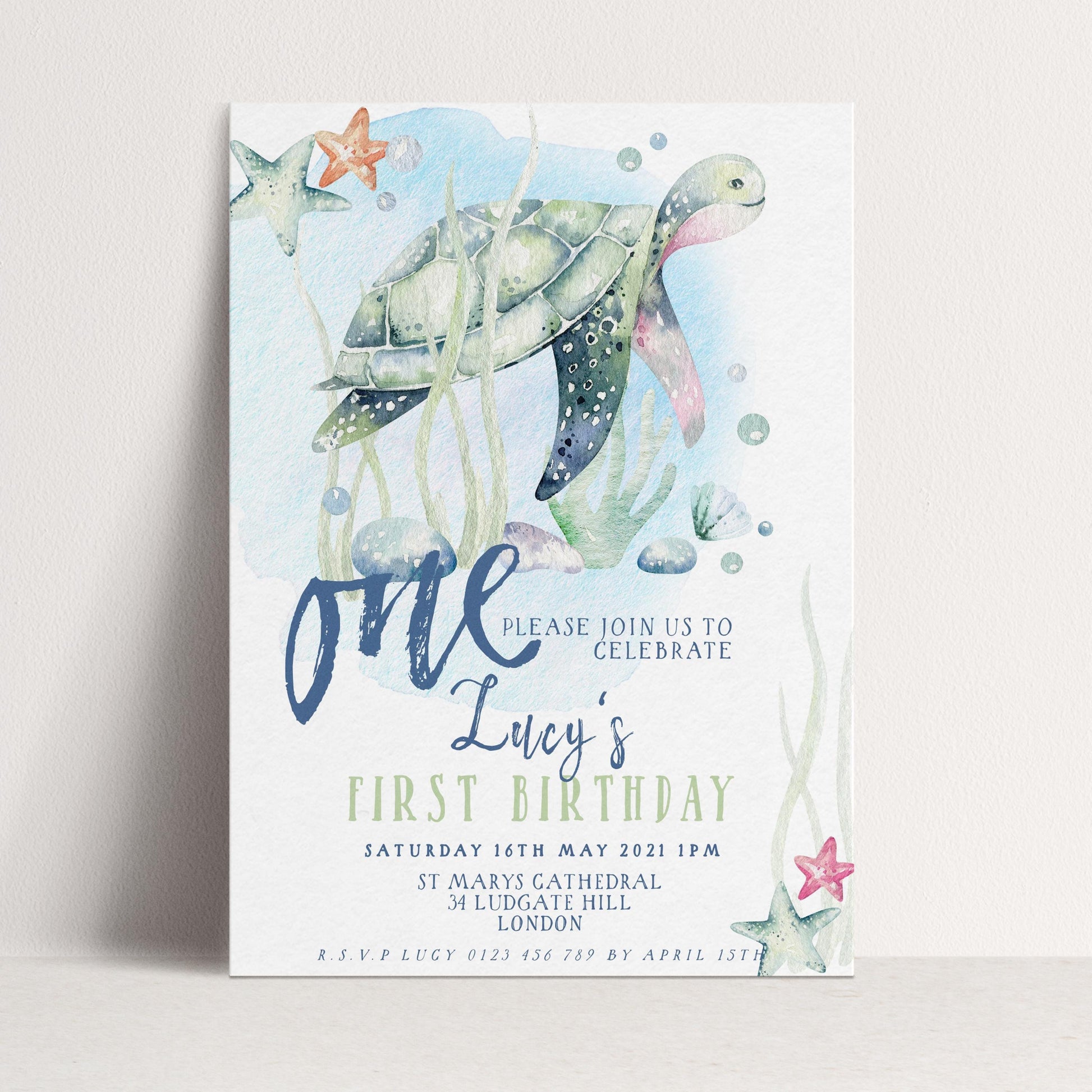 First Birthday Invitation Turtle Sea Life Invite Printable Instant Download Editable digital File Invitation Corjl Template