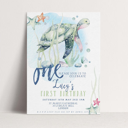 First Birthday Invitation Turtle Sea Life Invite Printable Instant Download Editable digital File Invitation Corjl Template