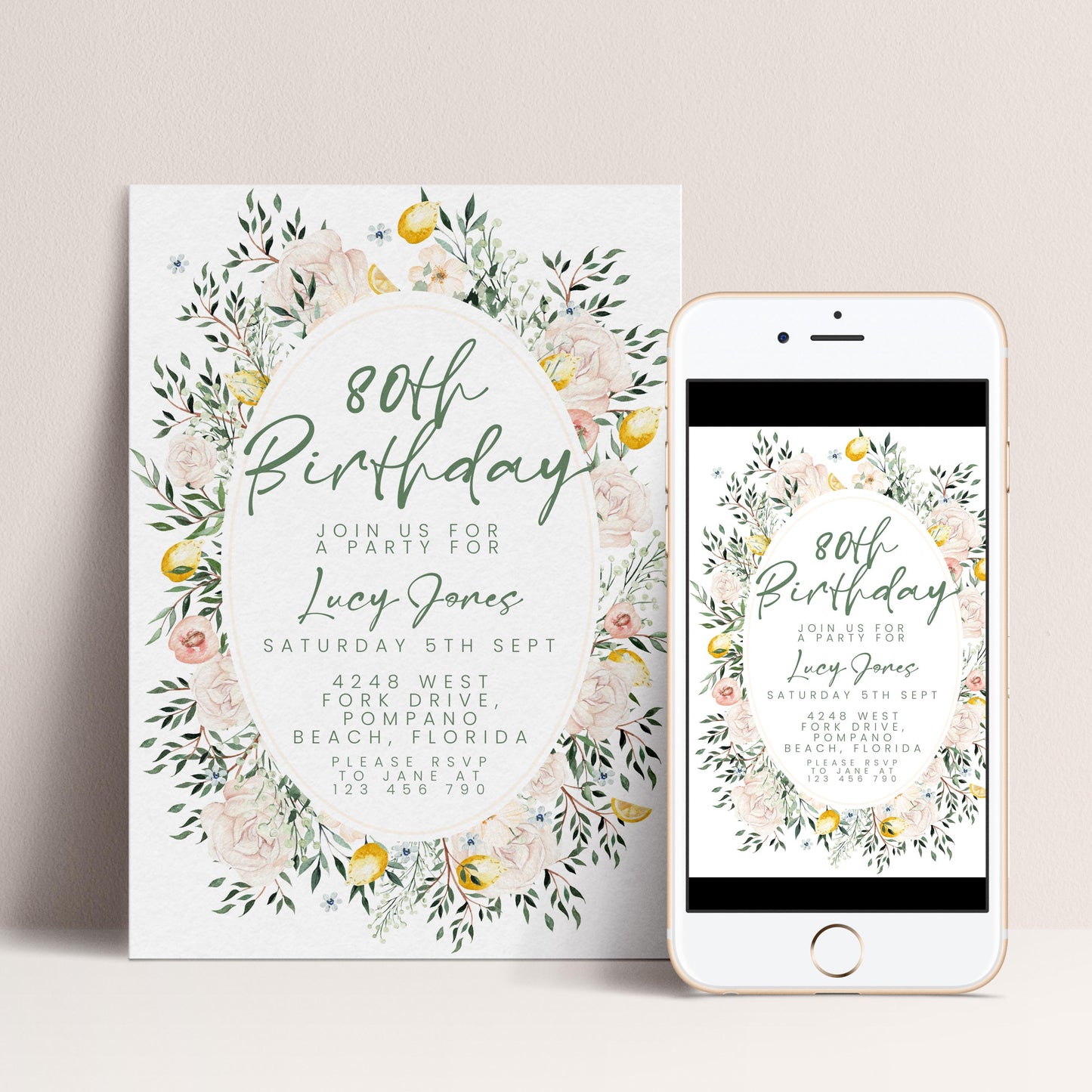 Blush Floral 80th Birthday Invitation, Editable Milestone Birthday Invite, Rose and Greenery Party Template, Digital Download