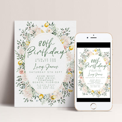 Blush Floral 80th Birthday Invitation, Editable Milestone Birthday Invite, Rose and Greenery Party Template, Digital Download