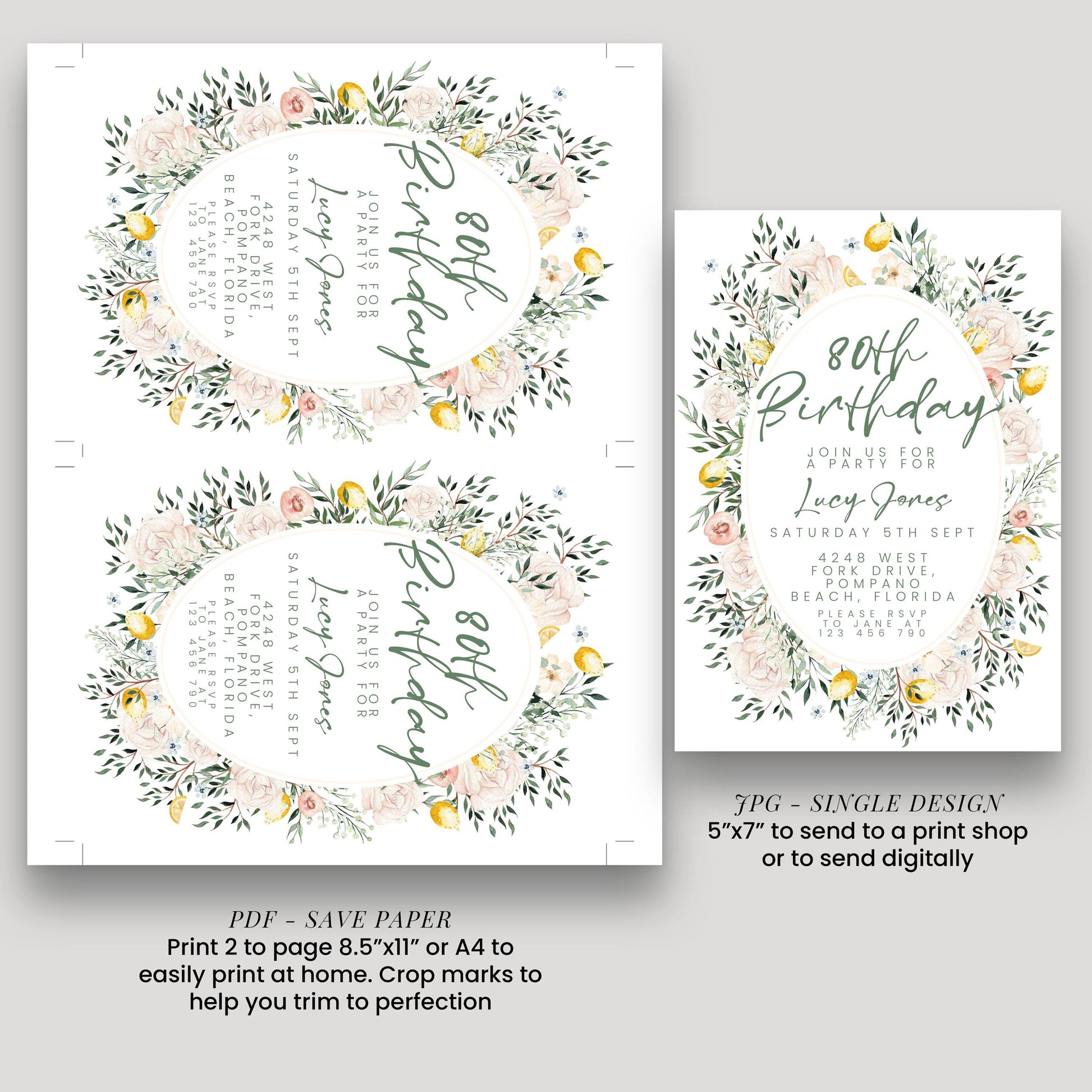Blush Floral 80th Birthday Invitation, Editable Milestone Birthday Invite, Rose and Greenery Party Template, Digital Download