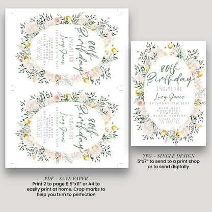 Blush Floral 80th Birthday Invitation, Editable Milestone Birthday Invite, Rose and Greenery Party Template, Digital Download
