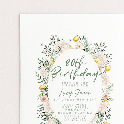 Blush Floral 80th Birthday Invitation, Editable Milestone Birthday Invite, Rose and Greenery Party Template, Digital Download