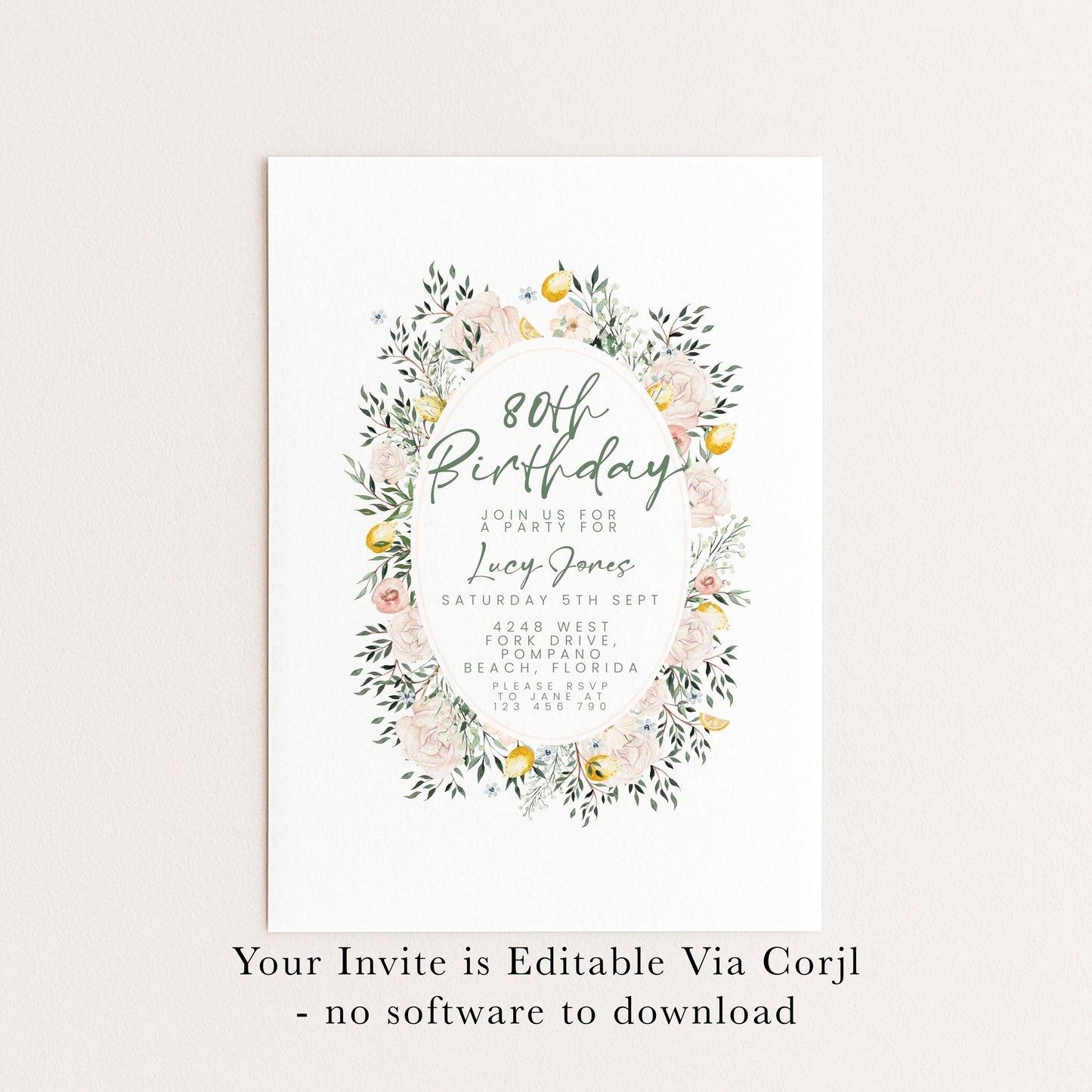 Blush Floral 80th Birthday Invitation, Editable Milestone Birthday Invite, Rose and Greenery Party Template, Digital Download