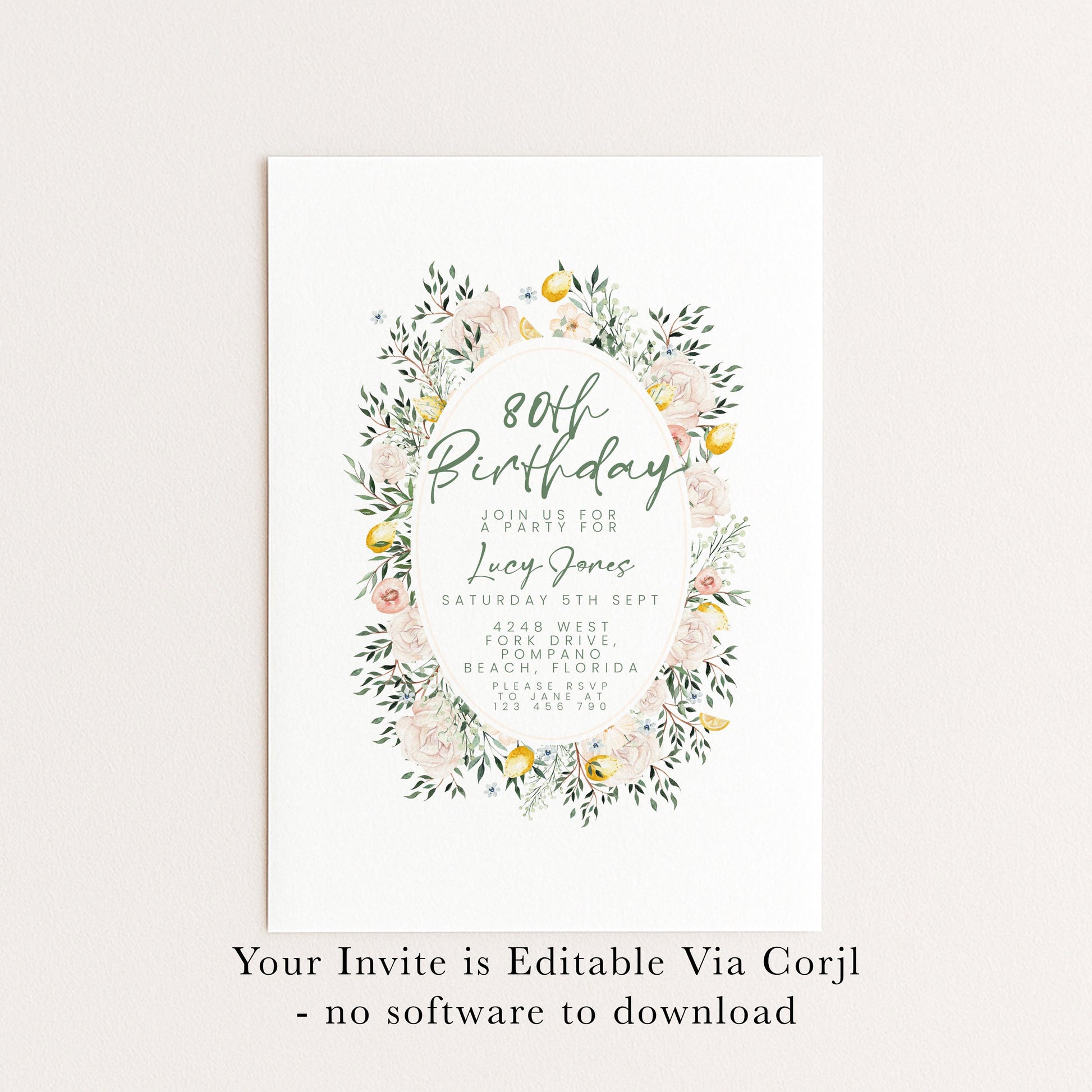 Blush Floral 80th Birthday Invitation, Editable Milestone Birthday Invite, Rose and Greenery Party Template, Digital Download