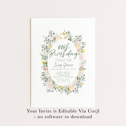 Blush Floral 80th Birthday Invitation, Editable Milestone Birthday Invite, Rose and Greenery Party Template, Digital Download