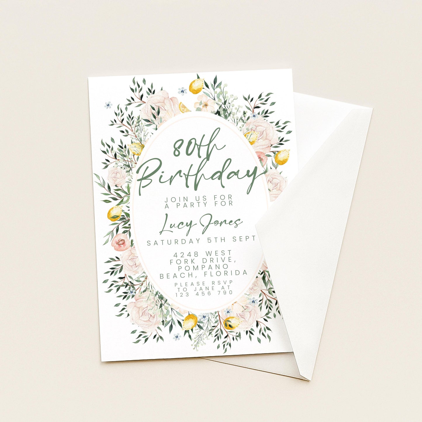 Blush Floral 80th Birthday Invitation, Editable Milestone Birthday Invite, Rose and Greenery Party Template, Digital Download