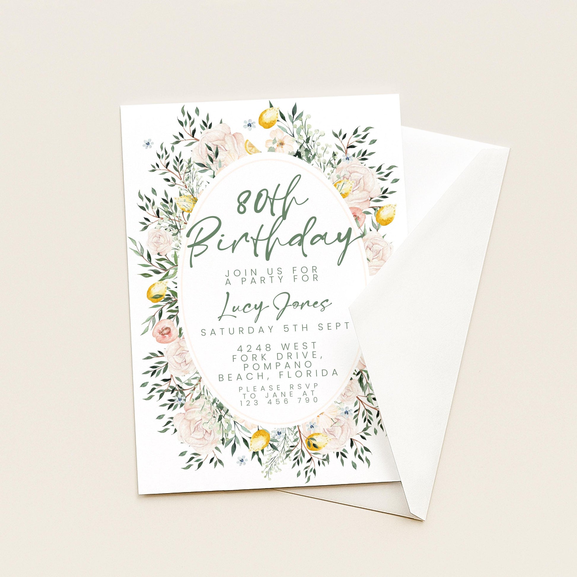 Blush Floral 80th Birthday Invitation, Editable Milestone Birthday Invite, Rose and Greenery Party Template, Digital Download