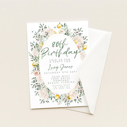 Blush Floral 80th Birthday Invitation, Editable Milestone Birthday Invite, Rose and Greenery Party Template, Digital Download