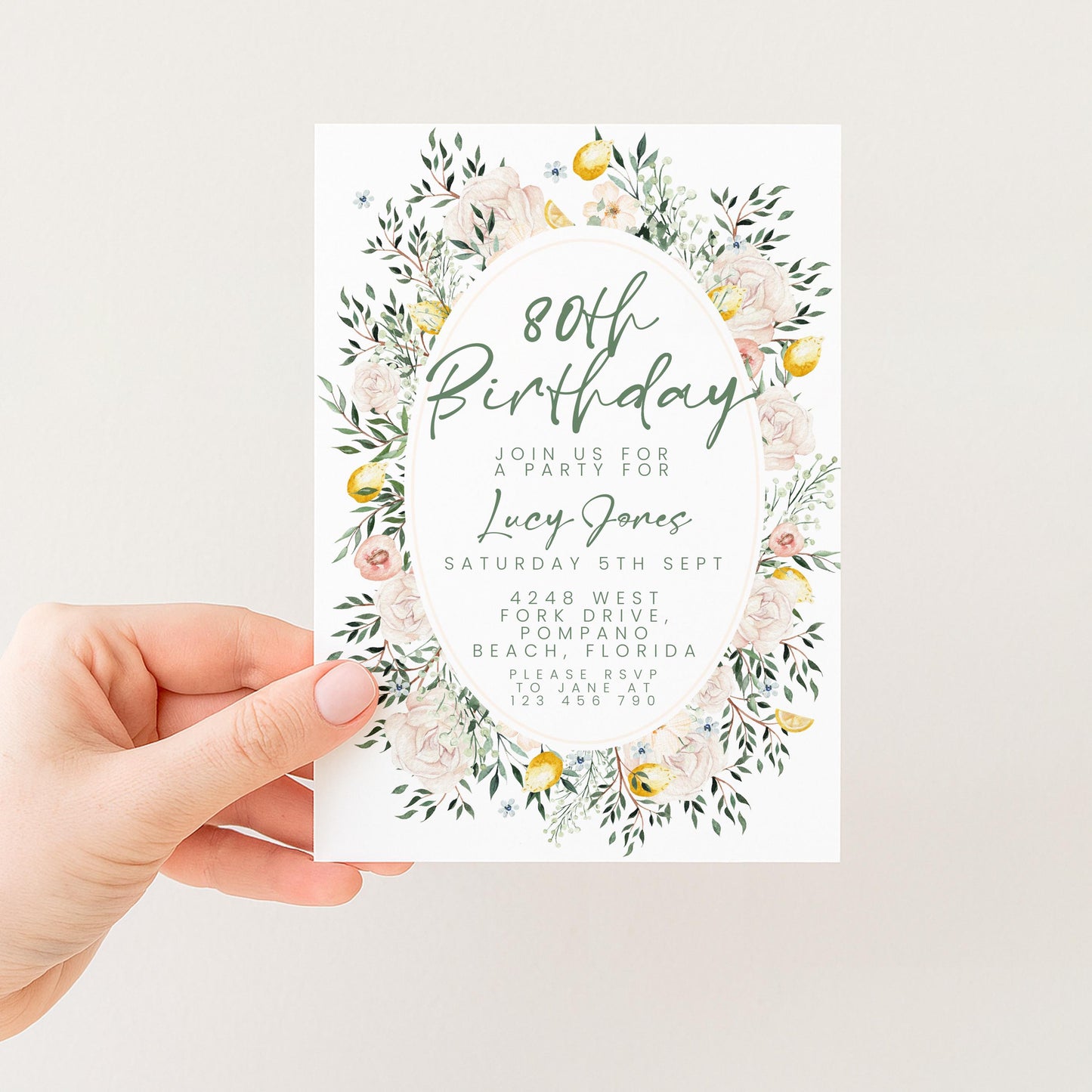 Blush Floral 80th Birthday Invitation, Editable Milestone Birthday Invite, Rose and Greenery Party Template, Digital Download