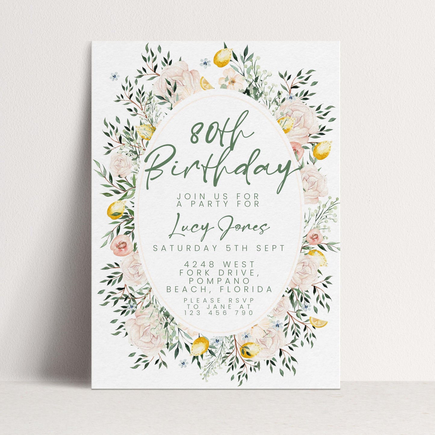 Blush Floral 80th Birthday Invitation, Editable Milestone Birthday Invite, Rose and Greenery Party Template, Digital Download