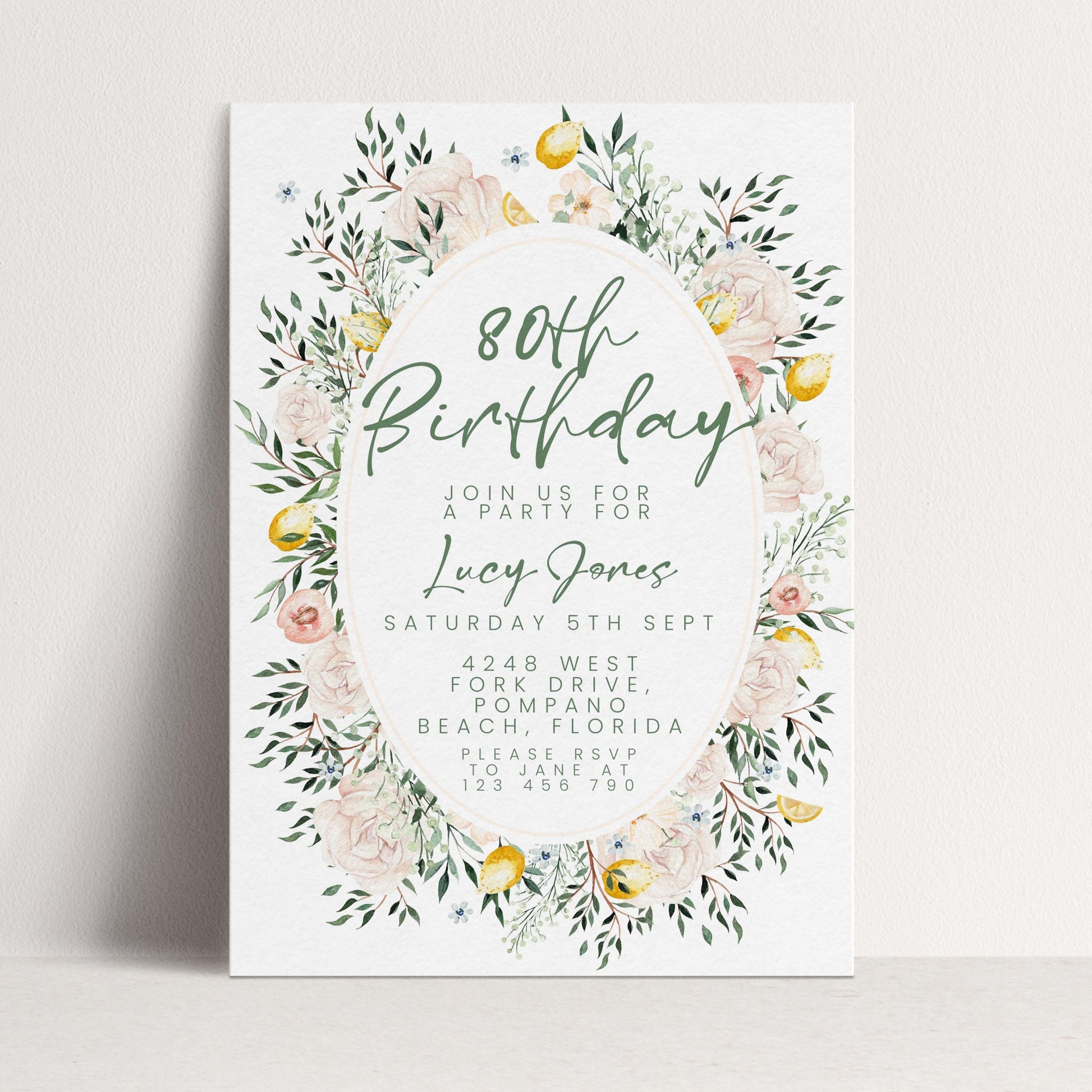 Blush Floral 80th Birthday Invitation, Editable Milestone Birthday Invite, Rose and Greenery Party Template, Digital Download