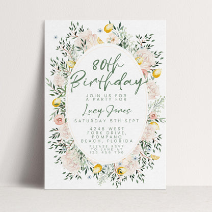 Blush Floral 80th Birthday Invitation, Editable Milestone Birthday Invite, Rose and Greenery Party Template, Digital Download